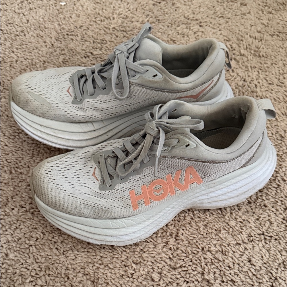 Hoka Cream and Peach Athletic Shoes
